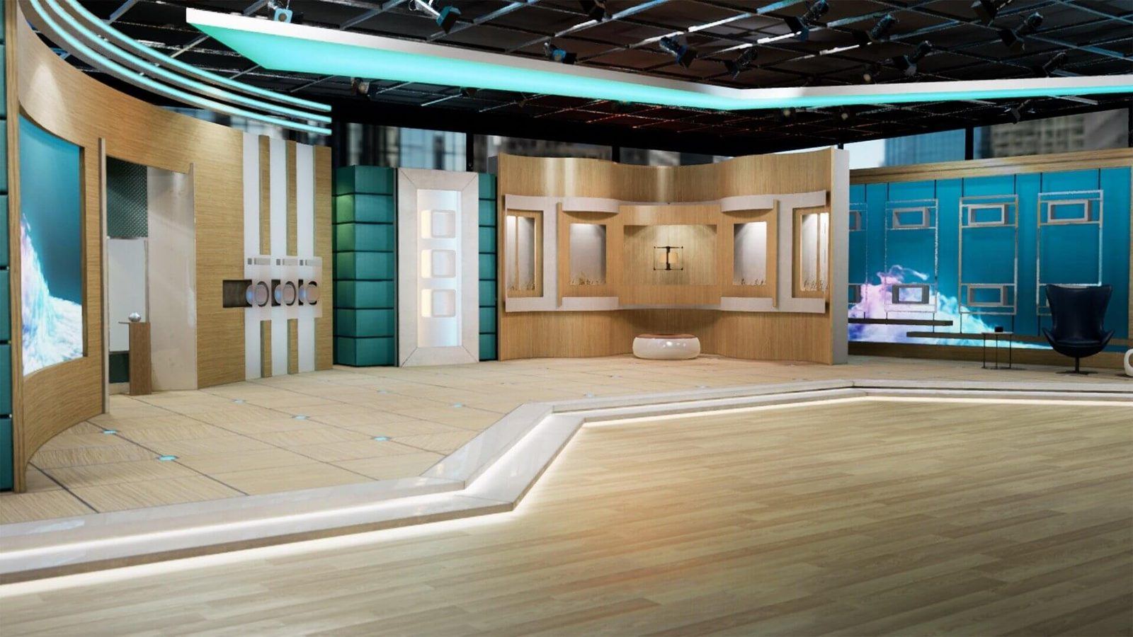 Morning Show Talk Show virtual production standing set — angle 4 on the L.A. & ABQ Castle Studios stage