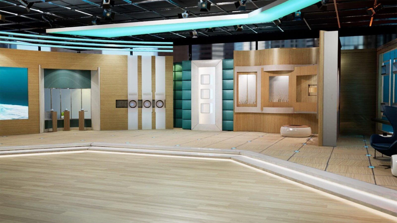 Morning Show Talk Show virtual production standing set — angle 8 on the L.A. & ABQ Castle Studios stage