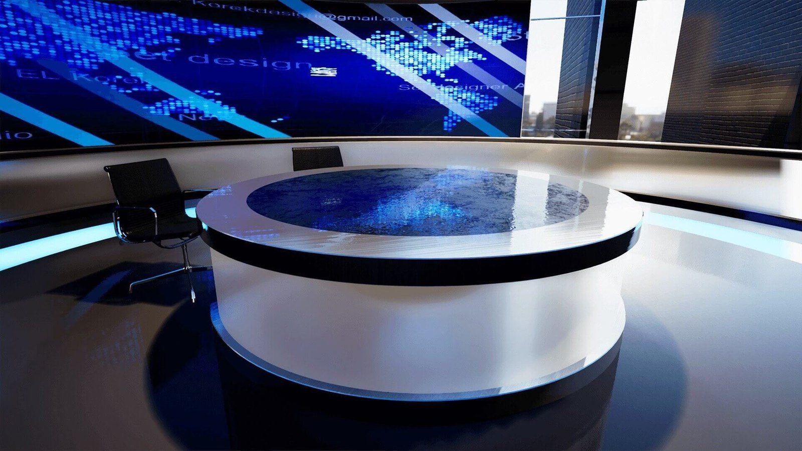 Network News virtual production standing set — angle 12 on the L.A. & ABQ Castle Studios stage