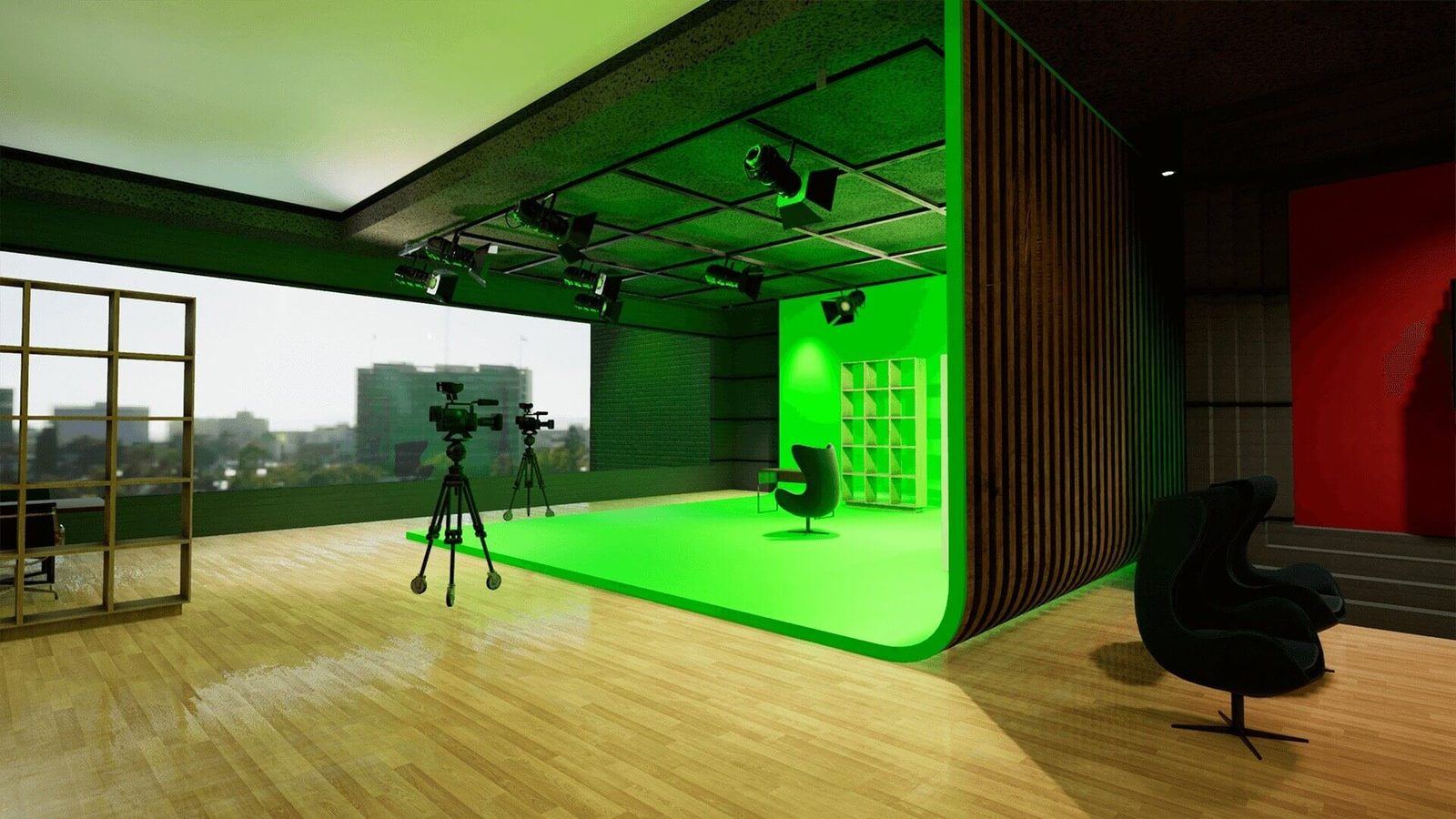 Network News virtual production standing set — angle 3 on the L.A. & ABQ Castle Studios stage
