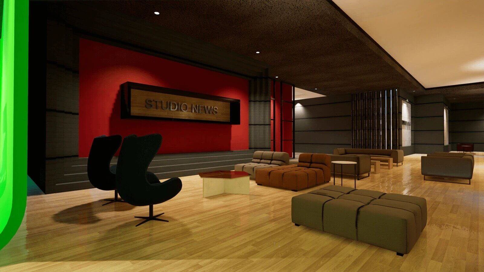 Network News virtual production standing set — angle 8 on the L.A. & ABQ Castle Studios stage