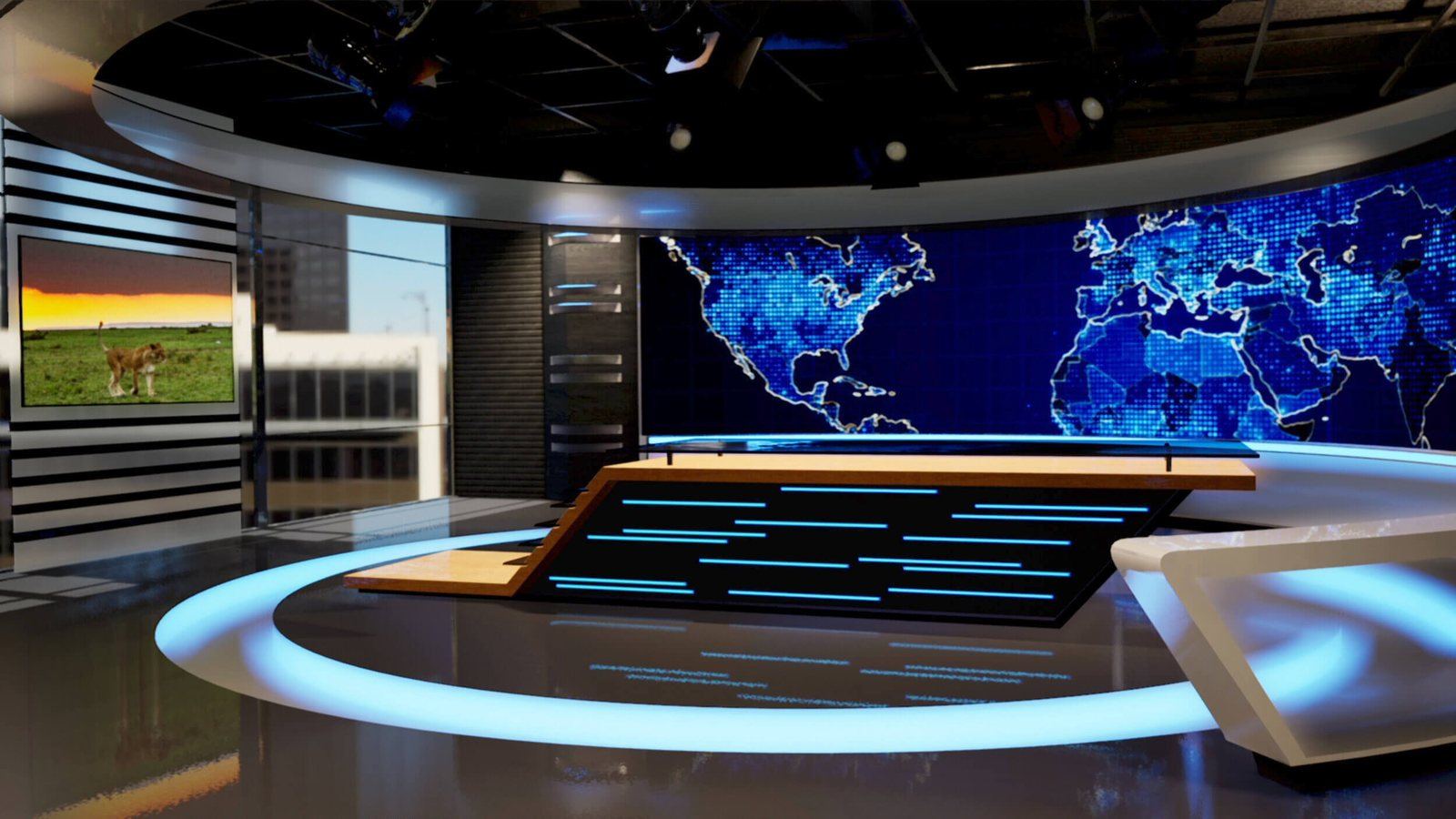 Network News virtual production standing set — angle 9 on the L.A. & ABQ Castle Studios stage