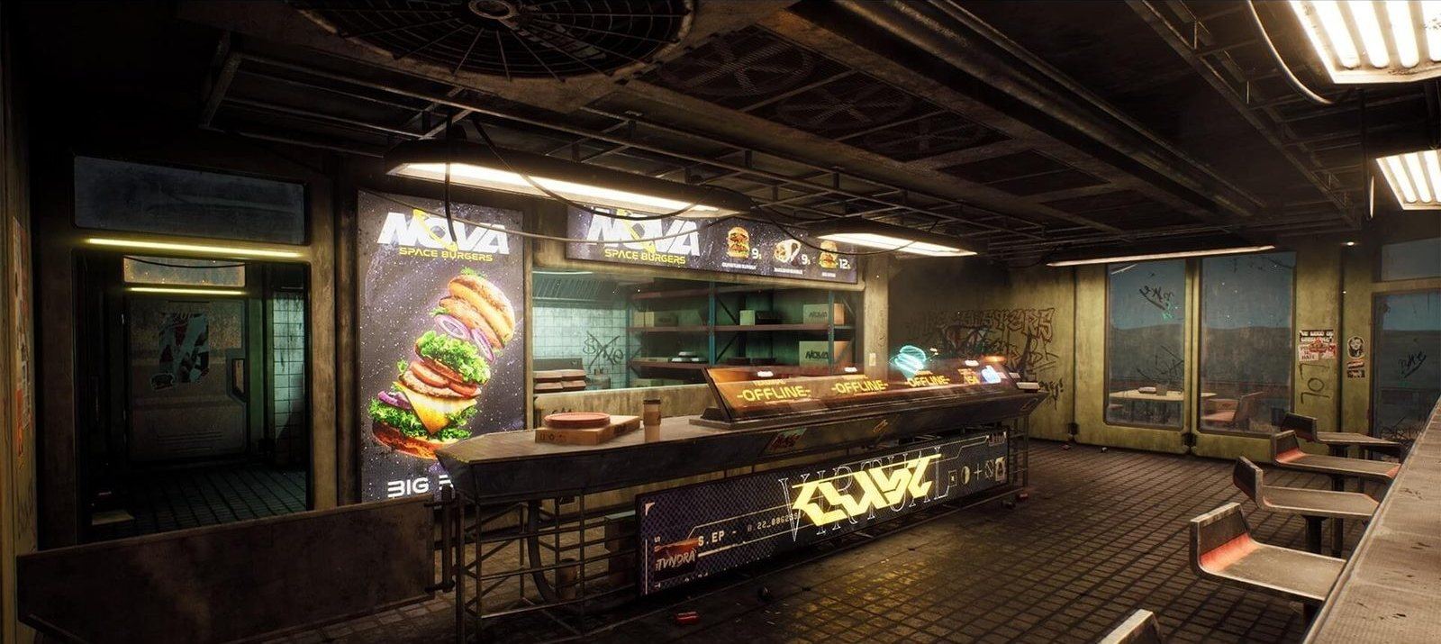 Nova Space Burgers virtual production standing set — angle 10 on the L.A. & ABQ Castle Studios stage