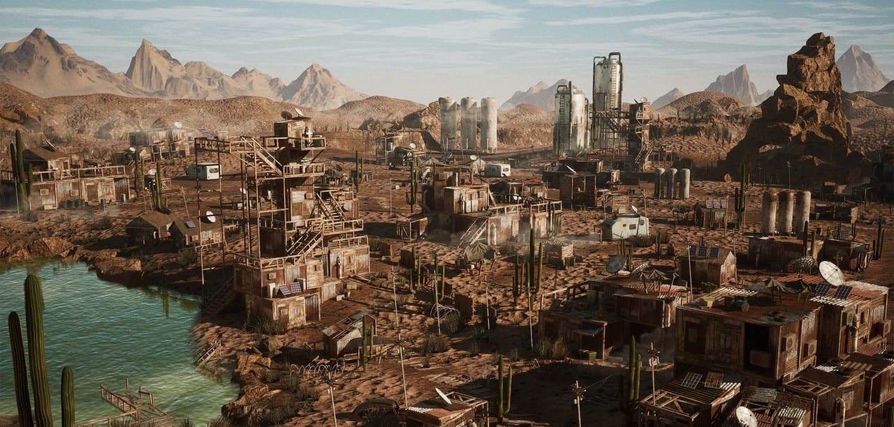 Post-Apocalyptic Desert Shantytown virtual production standing set — angle 2 on the L.A. & ABQ Castle Studios stage