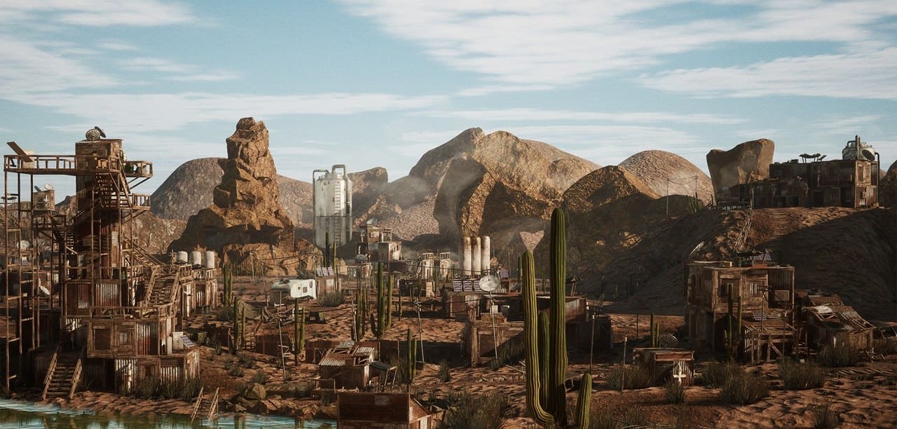 Post-Apocalyptic Desert Shantytown virtual production standing set — angle 11 on the L.A. & ABQ Castle Studios stage