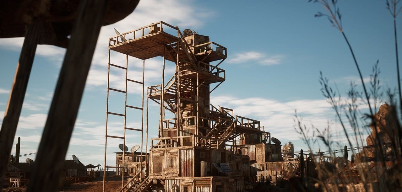 Post-Apocalyptic Desert Shantytown virtual production standing set — angle 3 on the L.A. & ABQ Castle Studios stage