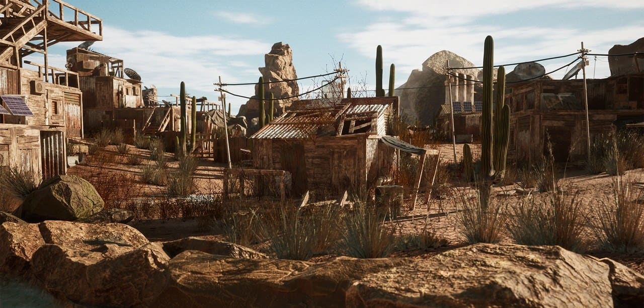 Post-Apocalyptic Desert Shantytown virtual production standing set — angle 4 on the L.A. & ABQ Castle Studios stage