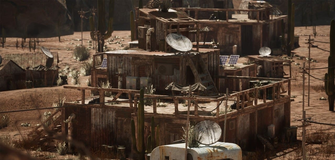 Post-Apocalyptic Desert Shantytown virtual production standing set — angle 5 on the L.A. & ABQ Castle Studios stage