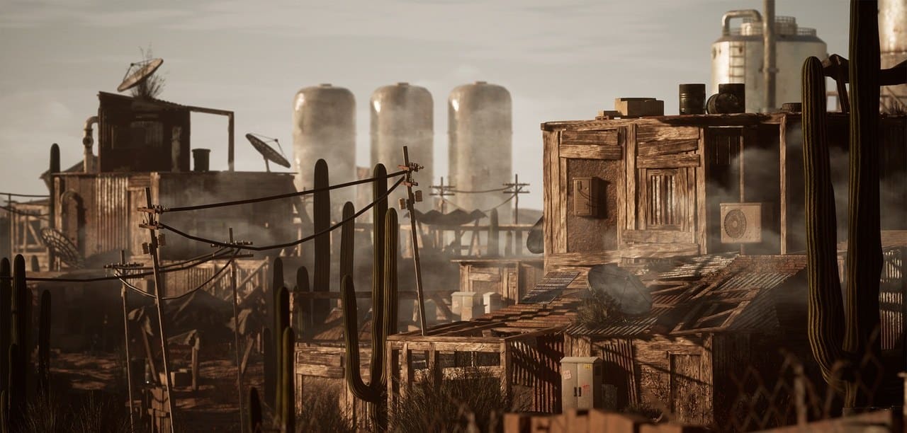 Post-Apocalyptic Desert Shantytown virtual production standing set — angle 6 on the L.A. & ABQ Castle Studios stage