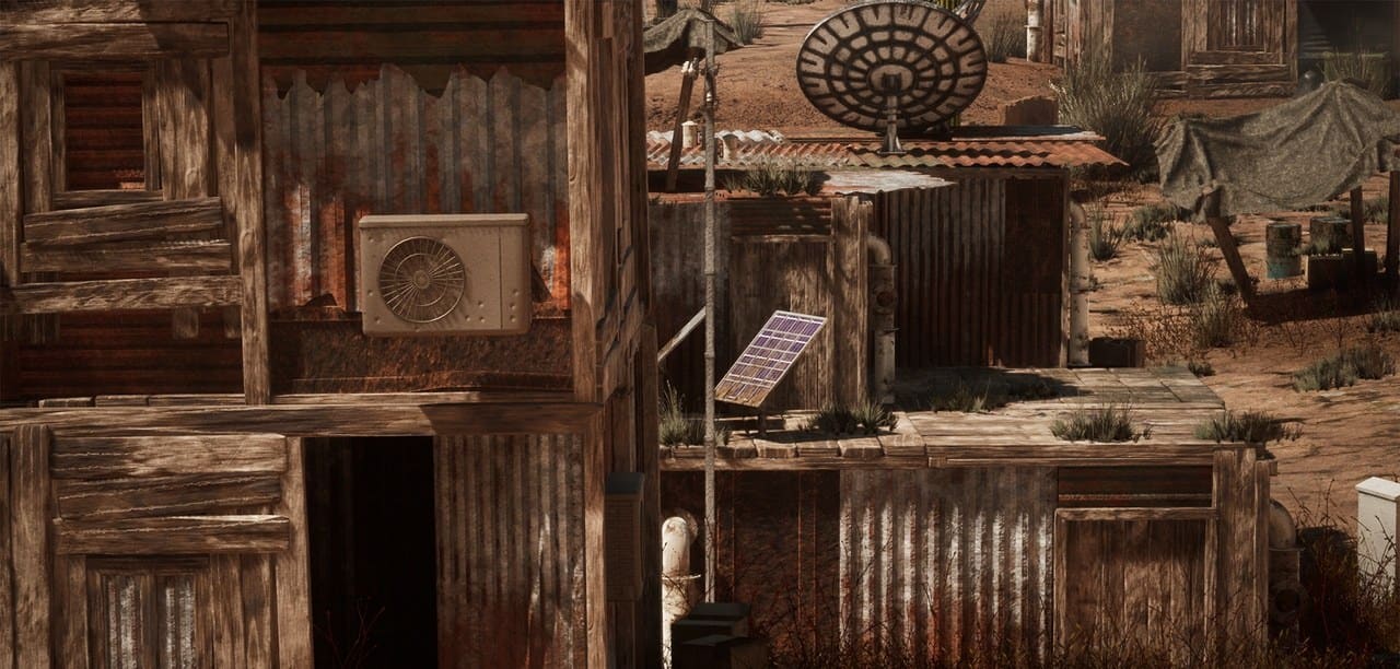 Post-Apocalyptic Desert Shantytown virtual production standing set — angle 7 on the L.A. & ABQ Castle Studios stage