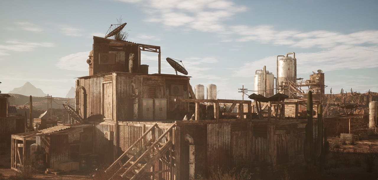 Post-Apocalyptic Desert Shantytown virtual production standing set — angle 8 on the L.A. & ABQ Castle Studios stage