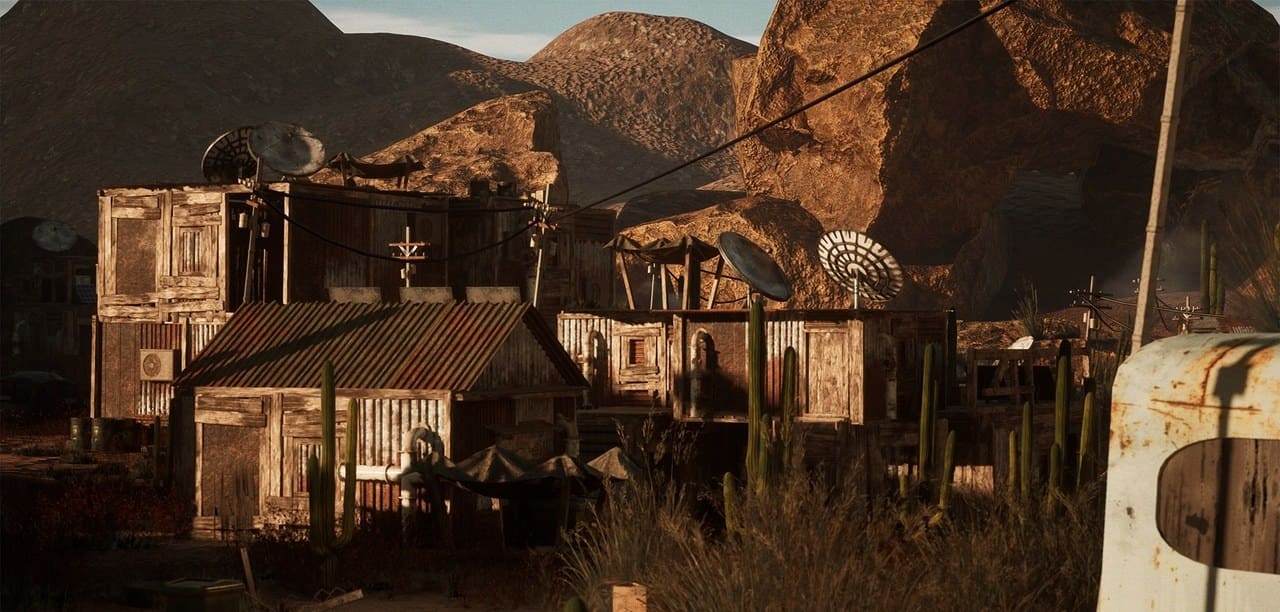 Post-Apocalyptic Desert Shantytown virtual production standing set — angle 9 on the L.A. & ABQ Castle Studios stage