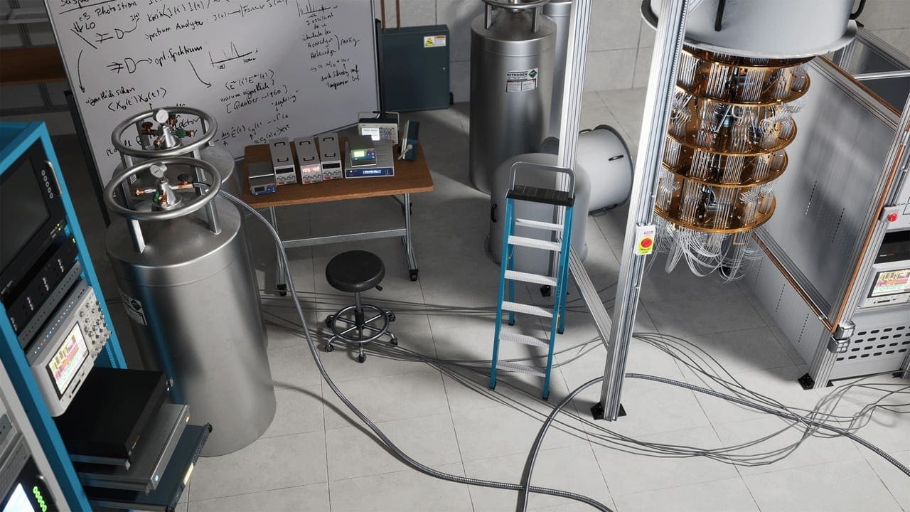 Quantum Lab virtual production standing set — angle 3 on the L.A. & ABQ Castle Studios stage