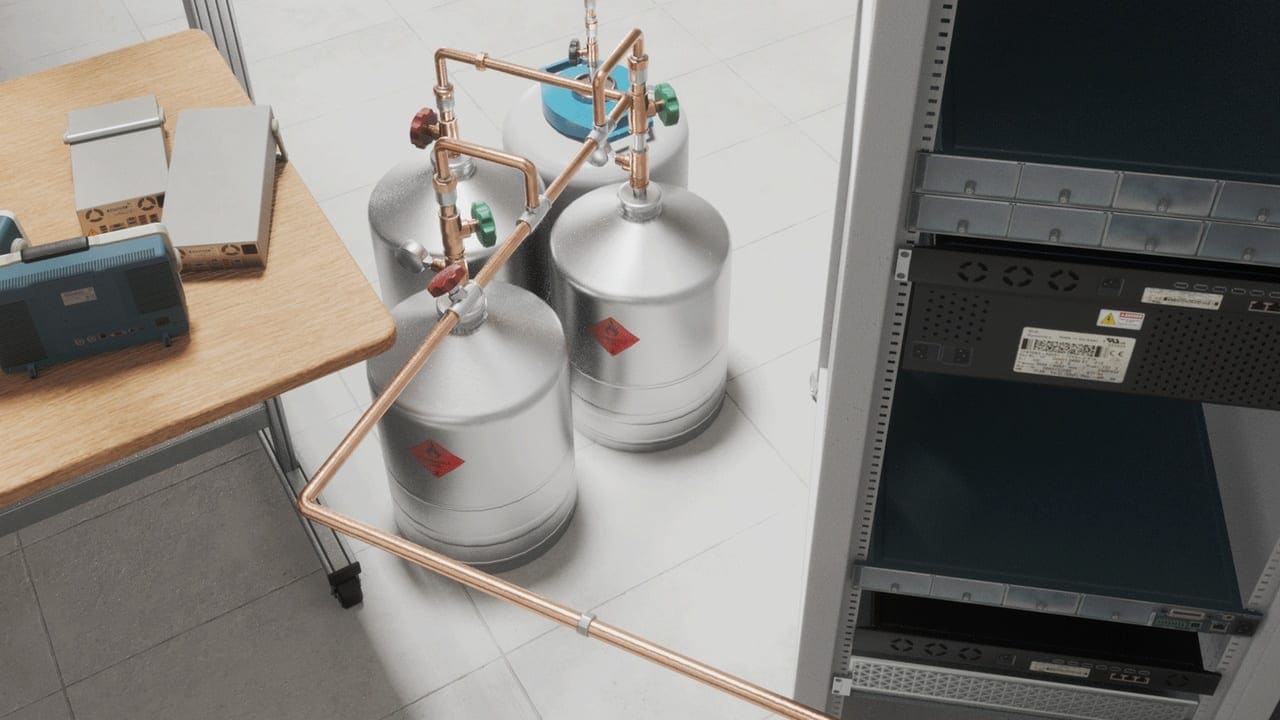 Quantum Lab virtual production standing set — angle 5 on the L.A. & ABQ Castle Studios stage