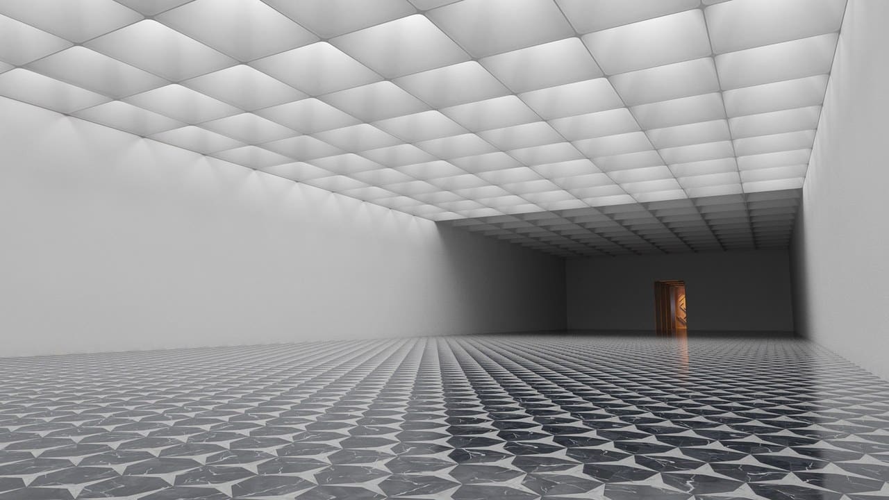 Retro-Futuristic Corridor virtual production standing set — angle 2 on the L.A. & ABQ Castle Studios stage