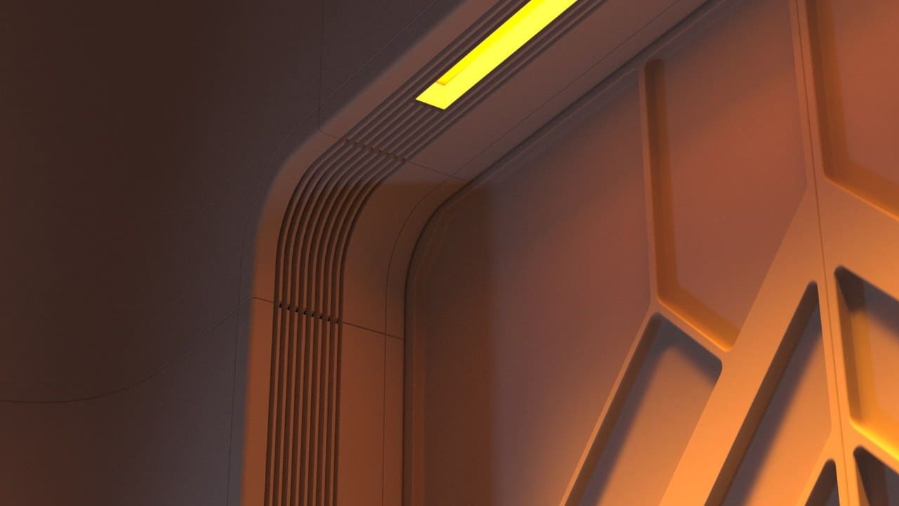 Retro-Futuristic Corridor virtual production standing set — angle 13 on the L.A. & ABQ Castle Studios stage