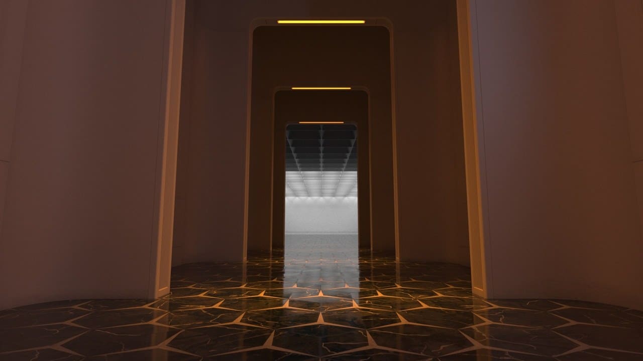 Retro-Futuristic Corridor virtual production standing set — angle 6 on the L.A. & ABQ Castle Studios stage