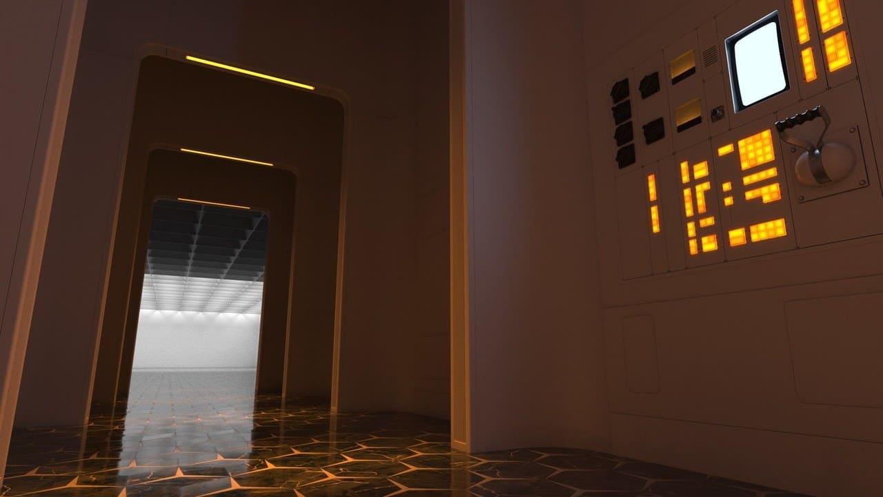 Retro-Futuristic Corridor virtual production standing set — angle 7 on the L.A. & ABQ Castle Studios stage