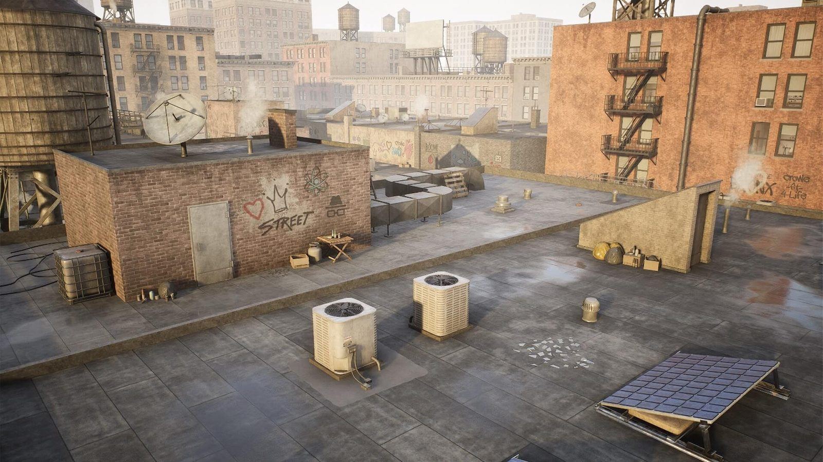 Rooftop virtual production standing set — angle 6 on the L.A. & ABQ Castle Studios stage