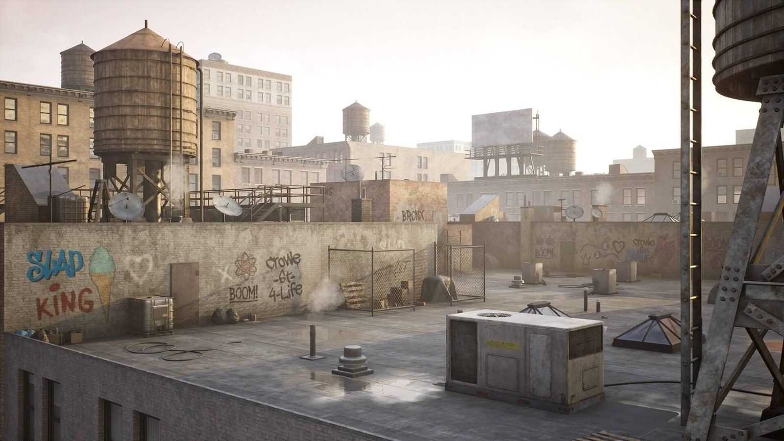 Rooftop virtual production standing set — angle 10 on the L.A. & ABQ Castle Studios stage