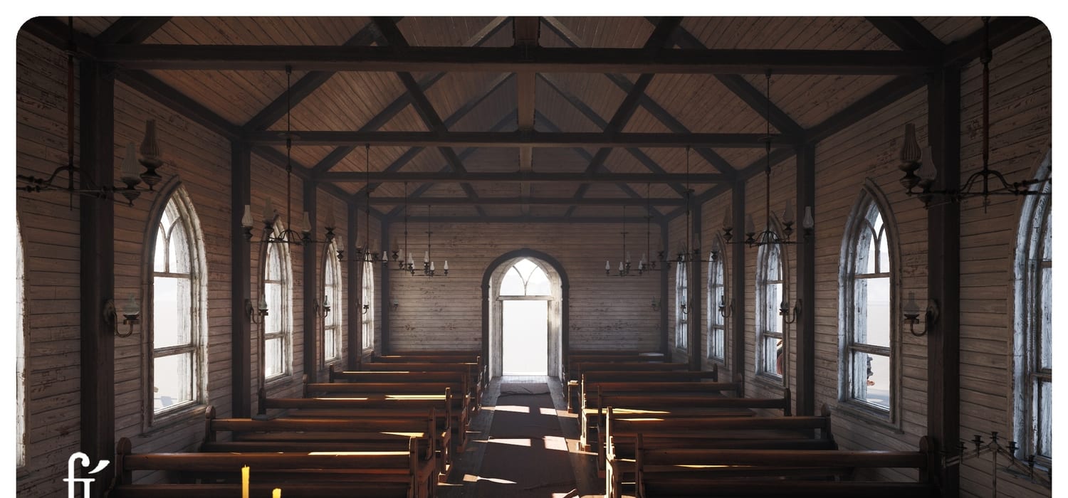 Rural Country Church virtual production standing set — angle 2 on the L.A. & ABQ Castle Studios stage