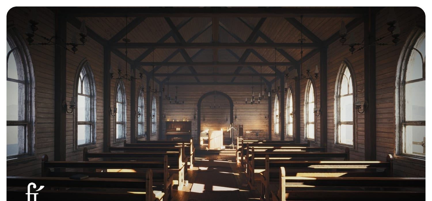 Rural Country Church virtual production standing set — angle 3 on the L.A. & ABQ Castle Studios stage