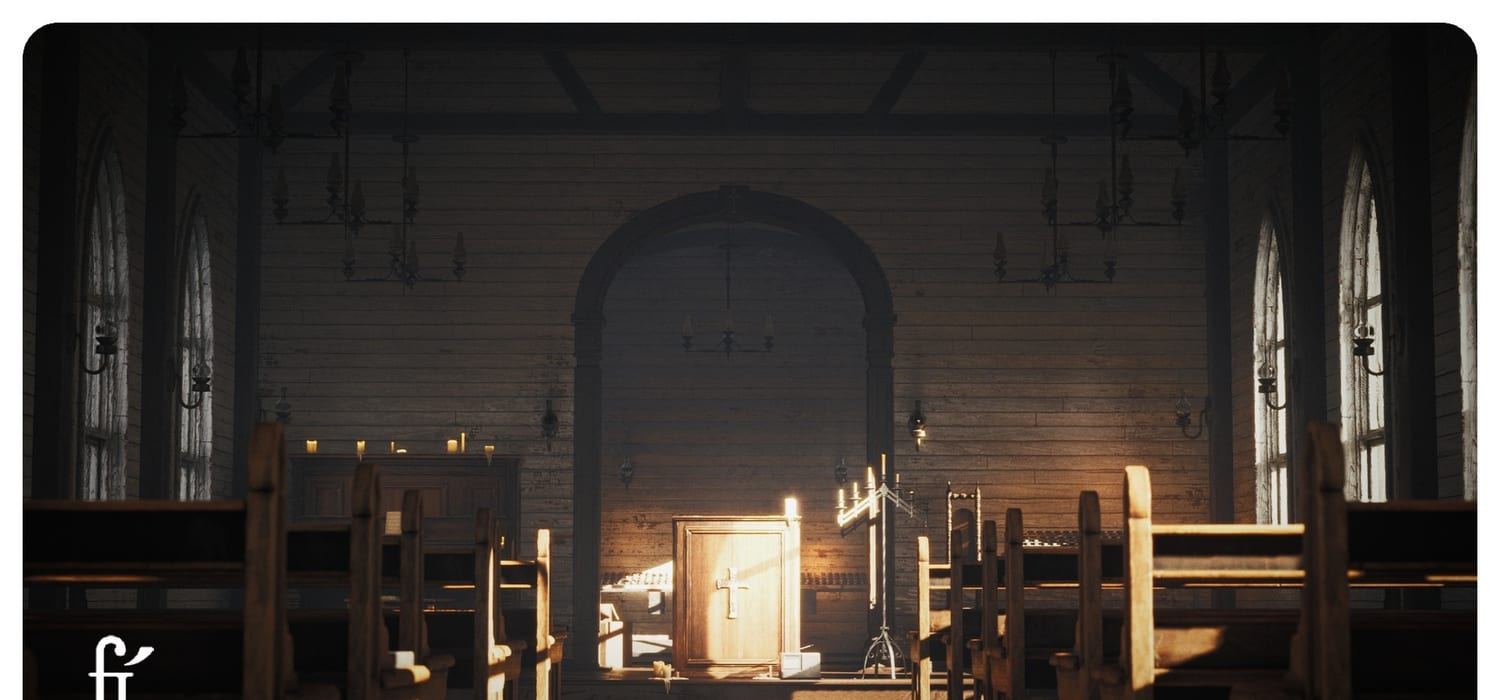 Rural Country Church virtual production standing set — angle 5 on the L.A. & ABQ Castle Studios stage