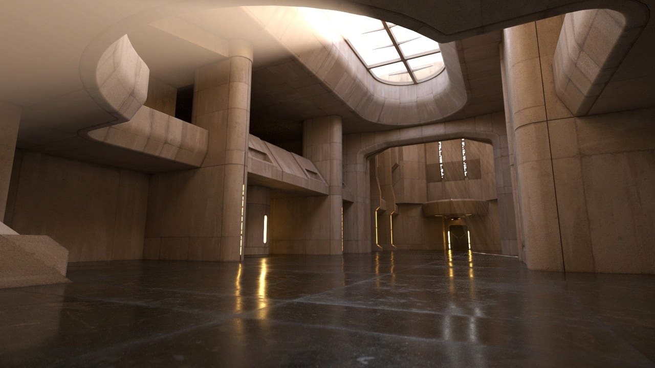 Sandstone Sci-Fi Temple virtual production standing set — angle 2 on the L.A. & ABQ Castle Studios stage