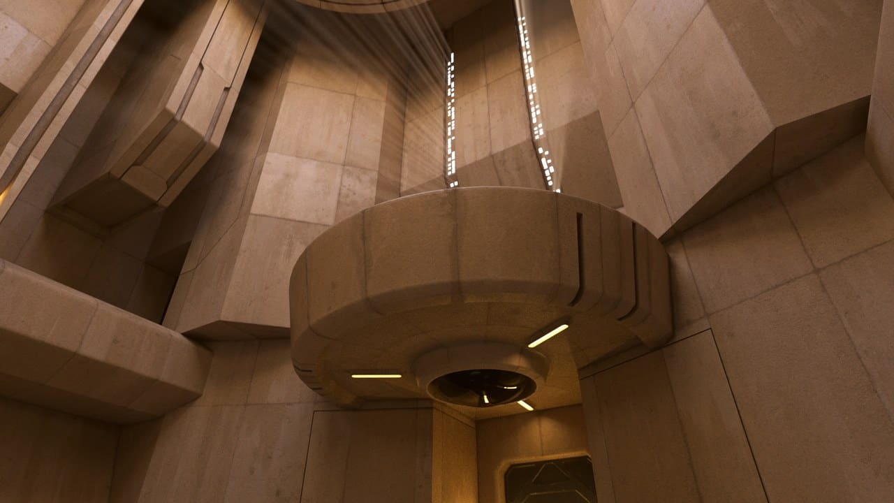 Sandstone Sci-Fi Temple virtual production standing set — angle 12 on the L.A. & ABQ Castle Studios stage