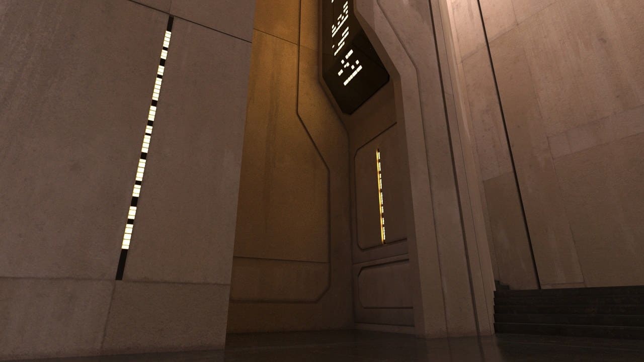 Sandstone Sci-Fi Temple virtual production standing set — angle 13 on the L.A. & ABQ Castle Studios stage