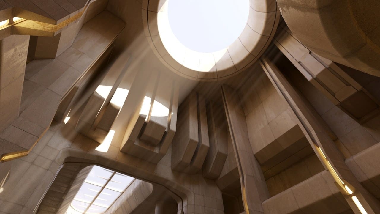 Sandstone Sci-Fi Temple virtual production standing set — angle 14 on the L.A. & ABQ Castle Studios stage