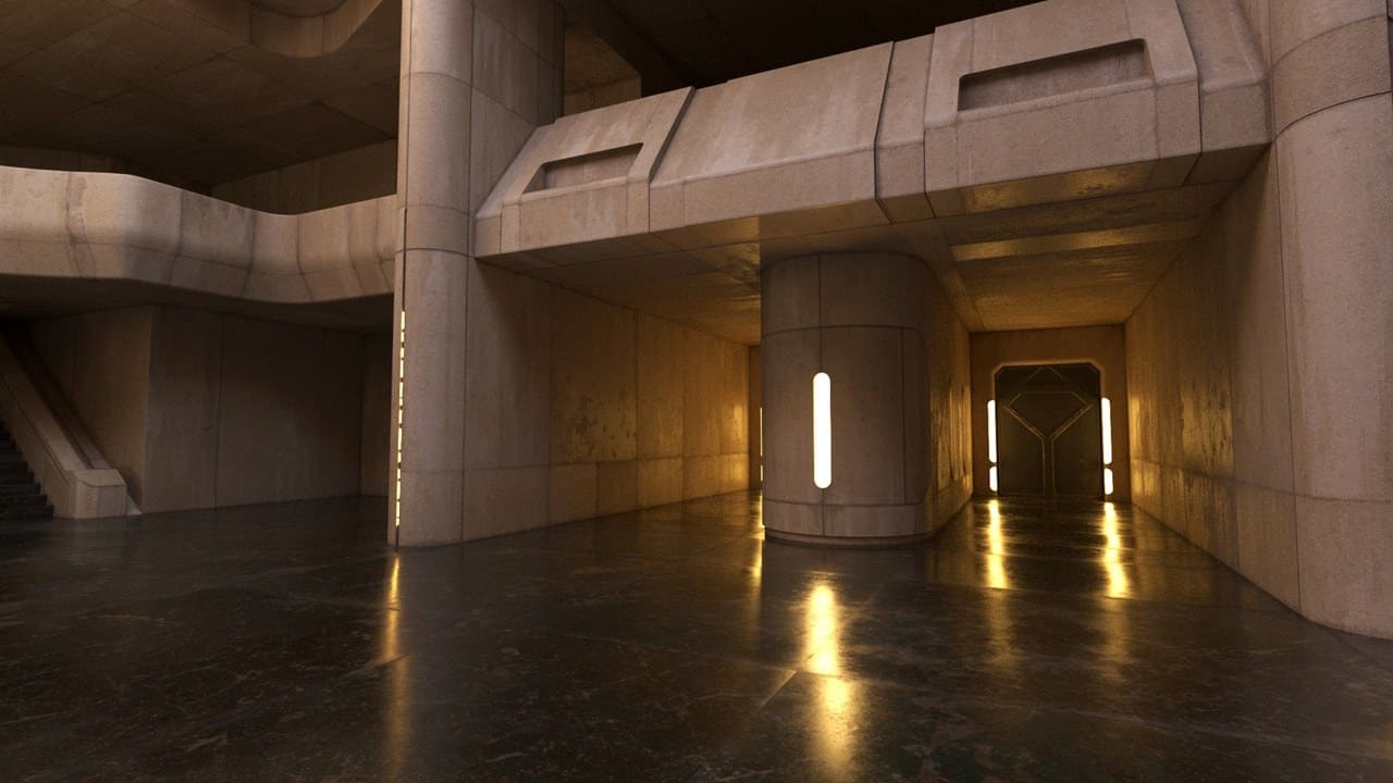 Sandstone Sci-Fi Temple virtual production standing set — angle 3 on the L.A. & ABQ Castle Studios stage