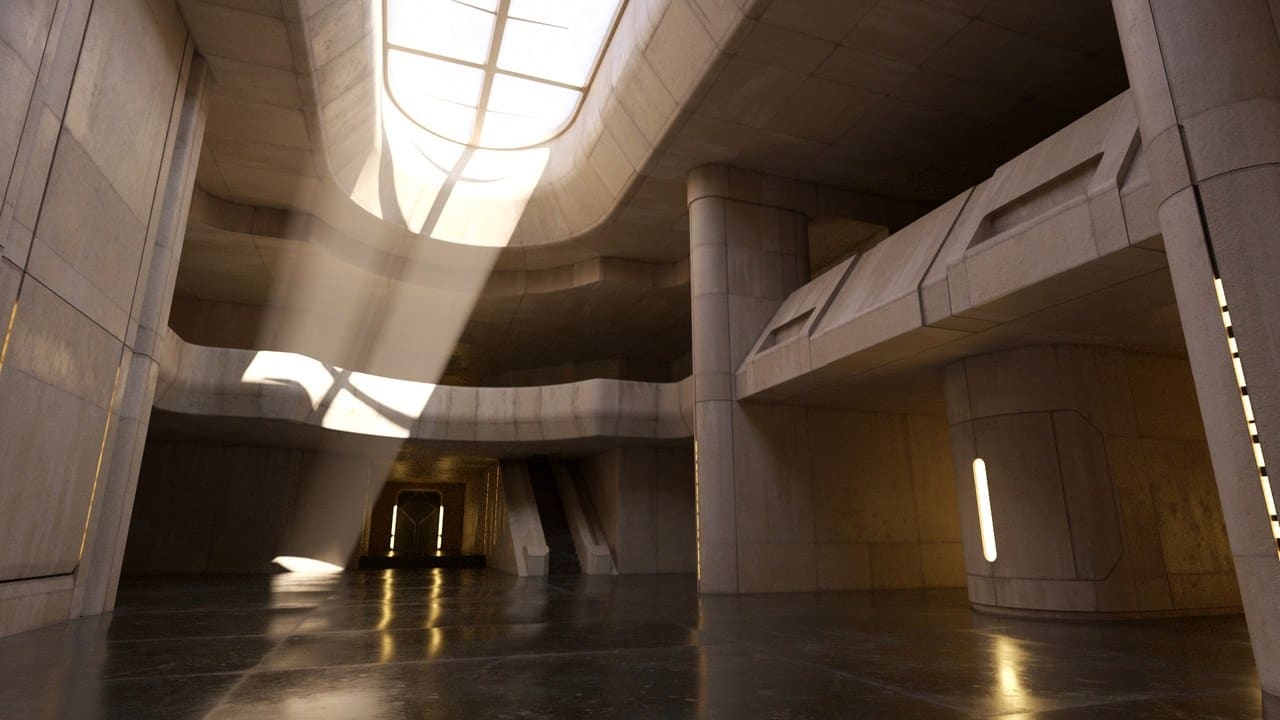 Sandstone Sci-Fi Temple virtual production standing set — angle 4 on the L.A. & ABQ Castle Studios stage