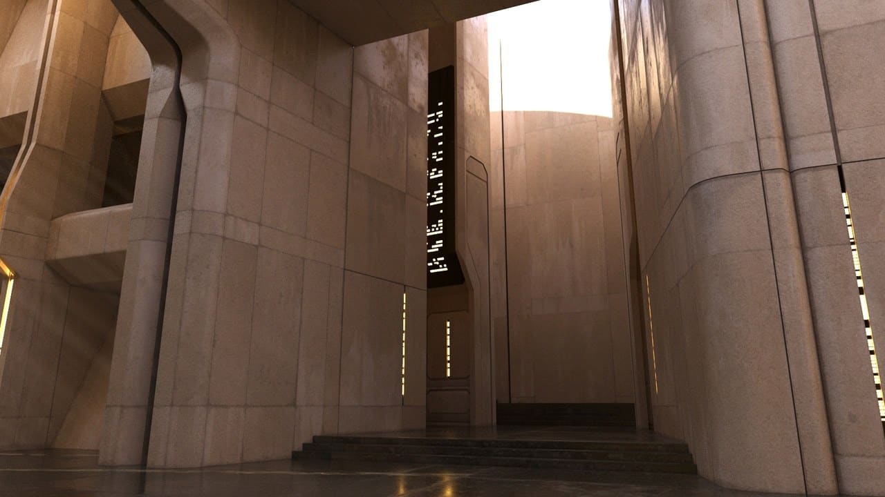 Sandstone Sci-Fi Temple virtual production standing set — angle 5 on the L.A. & ABQ Castle Studios stage