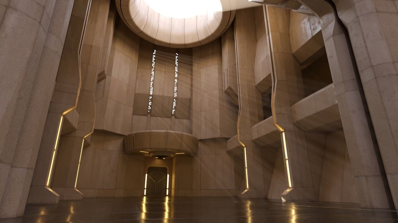 Sandstone Sci-Fi Temple virtual production standing set — angle 6 on the L.A. & ABQ Castle Studios stage