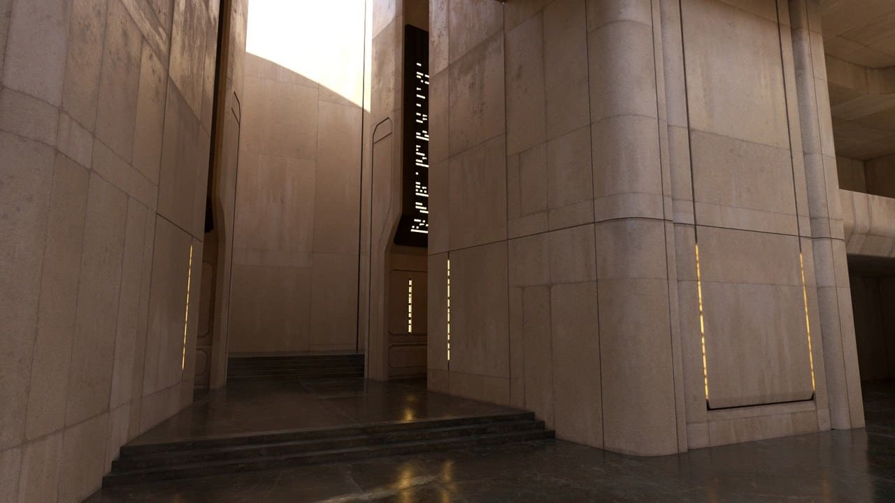 Sandstone Sci-Fi Temple virtual production standing set — angle 7 on the L.A. & ABQ Castle Studios stage