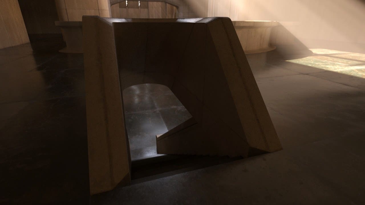 Sandstone Sci-Fi Temple virtual production standing set — angle 8 on the L.A. & ABQ Castle Studios stage