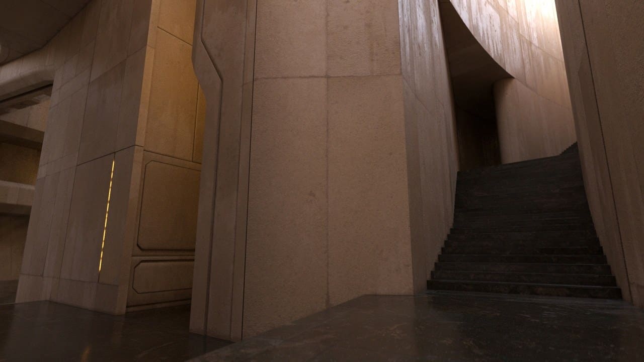 Sandstone Sci-Fi Temple virtual production standing set — angle 10 on the L.A. & ABQ Castle Studios stage