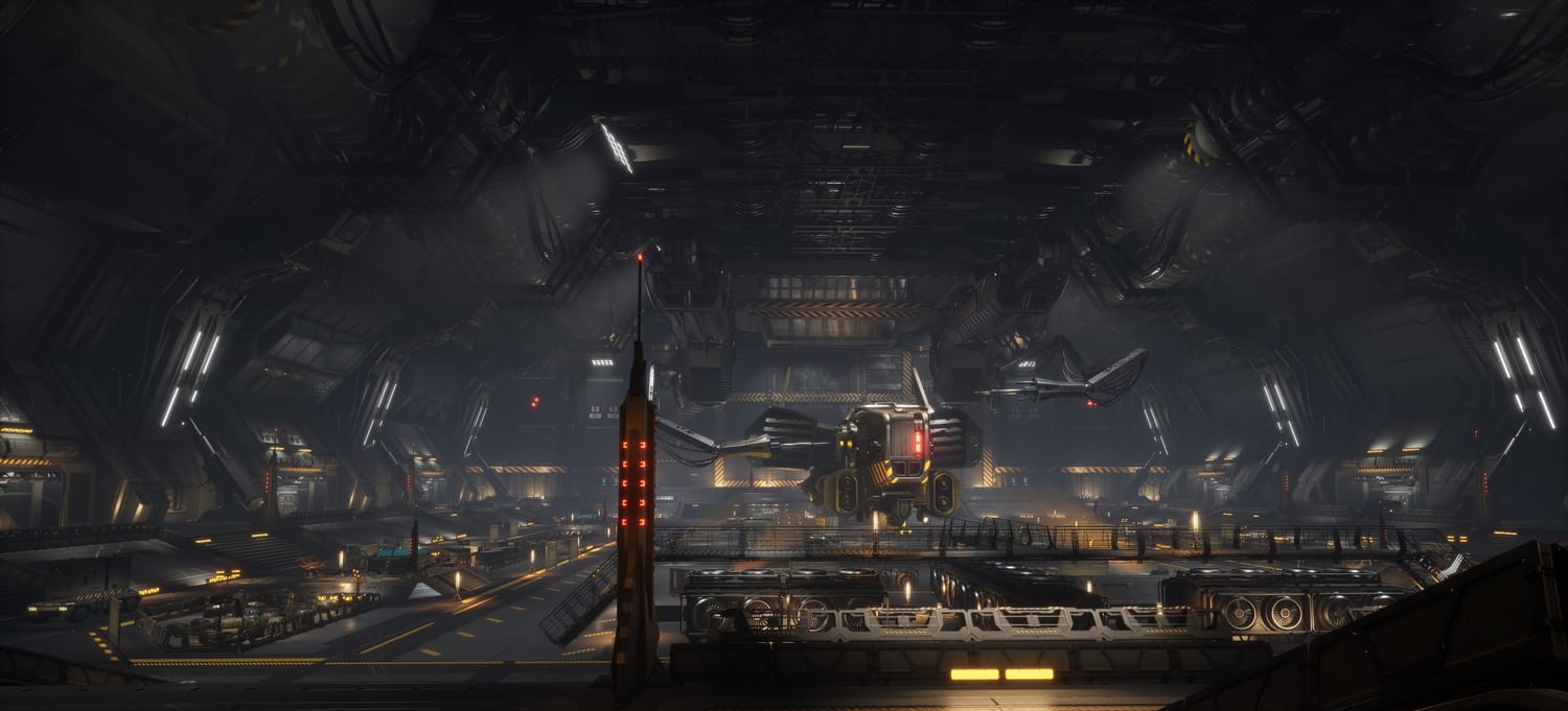 Sci-Fi Hangar virtual production standing set — angle 3 on the L.A. & ABQ Castle Studios stage