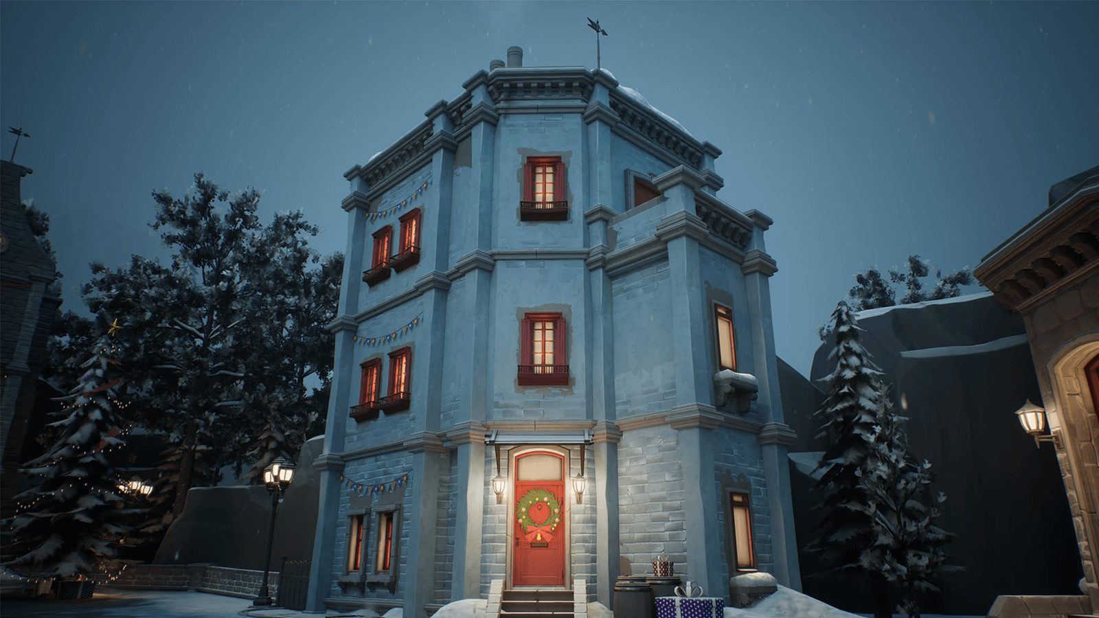 Snow Village virtual production standing set — angle 3 on the L.A. & ABQ Castle Studios stage