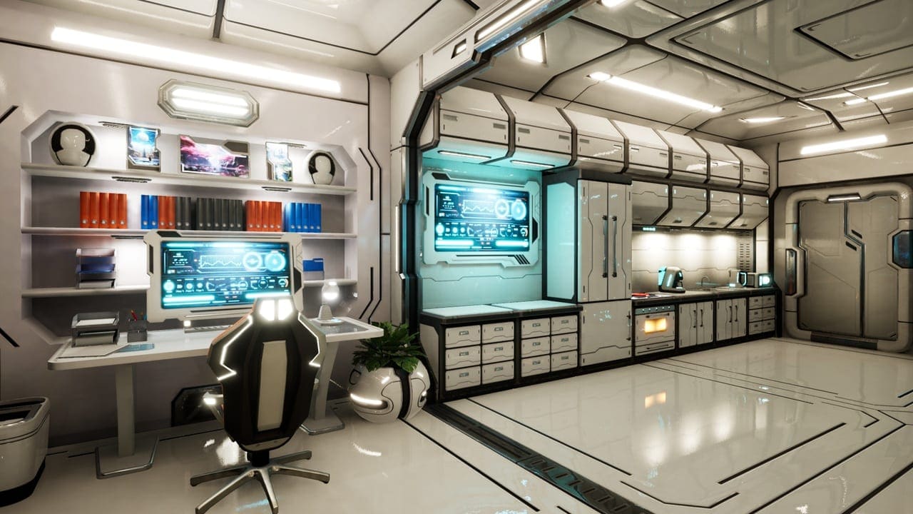 Spaceship Living Quarters virtual production standing set — angle 2 on the L.A. & ABQ Castle Studios stage