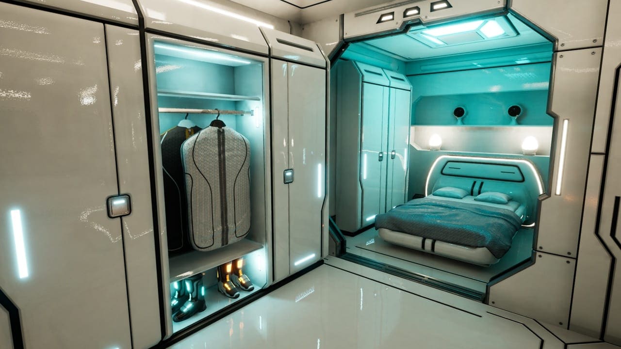 Spaceship Living Quarters virtual production standing set — angle 3 on the L.A. & ABQ Castle Studios stage
