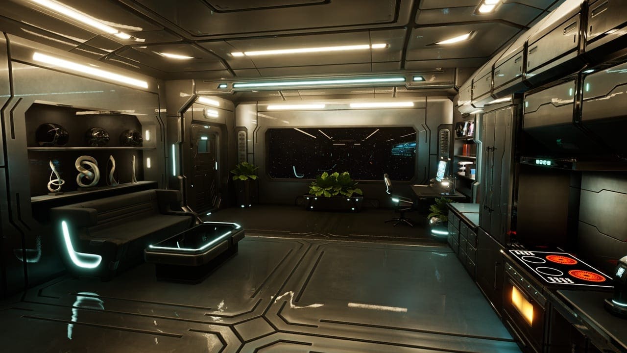 Spaceship Living Quarters virtual production standing set — angle 5 on the L.A. & ABQ Castle Studios stage