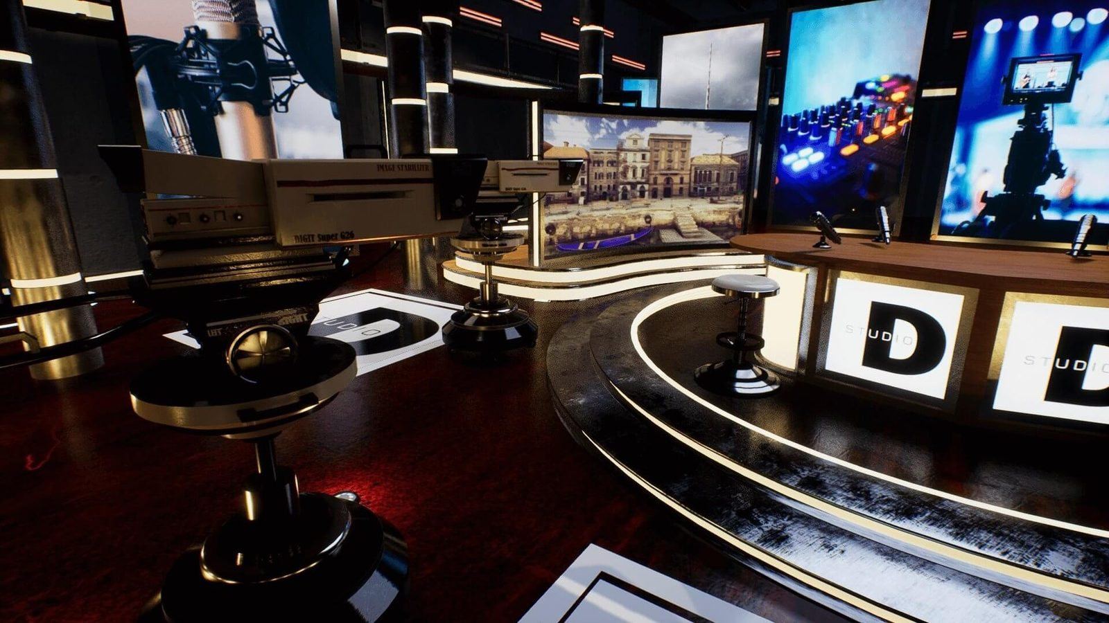Studio D News virtual production standing set — angle 13 on the L.A. & ABQ Castle Studios stage