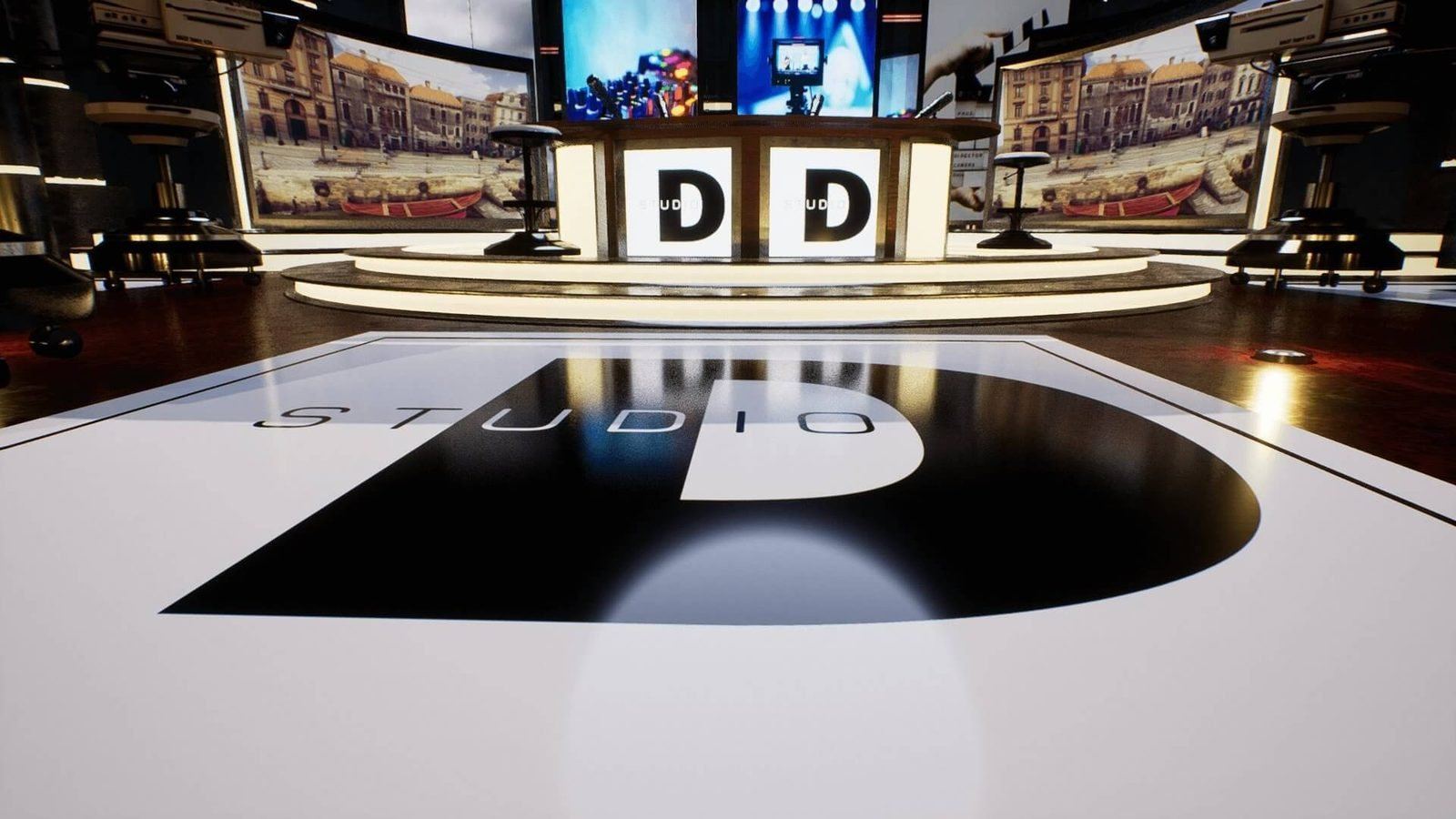 Studio D News virtual production standing set — angle 10 on the L.A. & ABQ Castle Studios stage