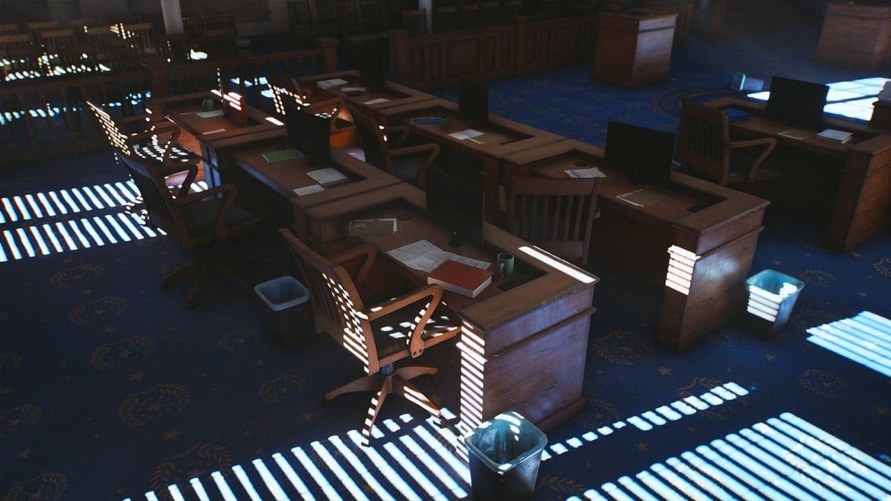 Texas Courtroom virtual production standing set — angle 12 on the L.A. & ABQ Castle Studios stage