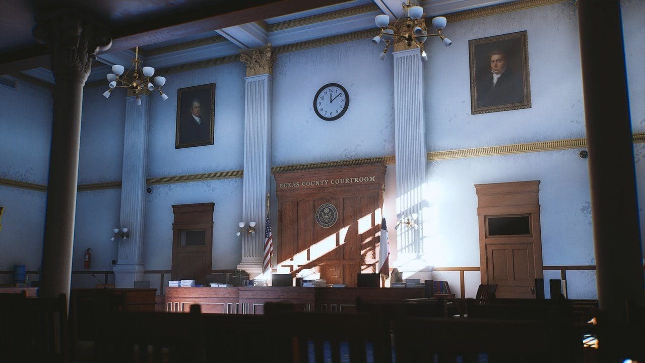 Texas Courtroom virtual production standing set — angle 3 on the L.A. & ABQ Castle Studios stage