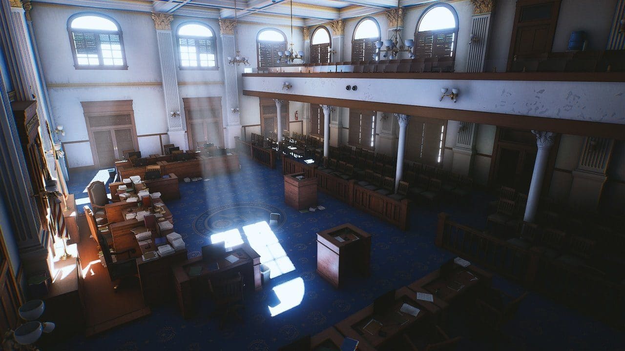 Texas Courtroom virtual production standing set — angle 4 on the L.A. & ABQ Castle Studios stage