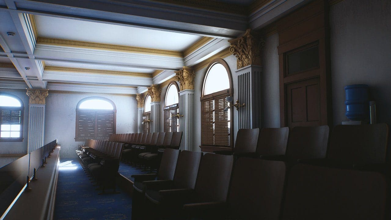 Texas Courtroom virtual production standing set — angle 5 on the L.A. & ABQ Castle Studios stage
