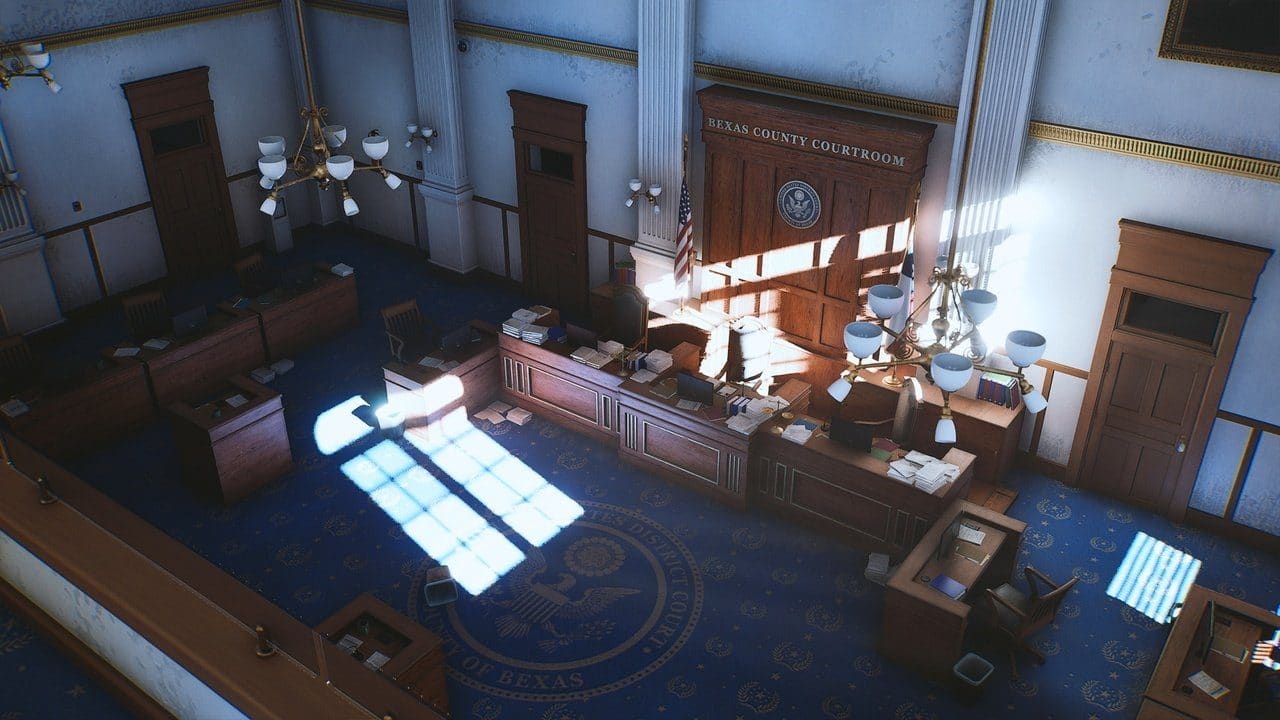 Texas Courtroom virtual production standing set — angle 6 on the L.A. & ABQ Castle Studios stage